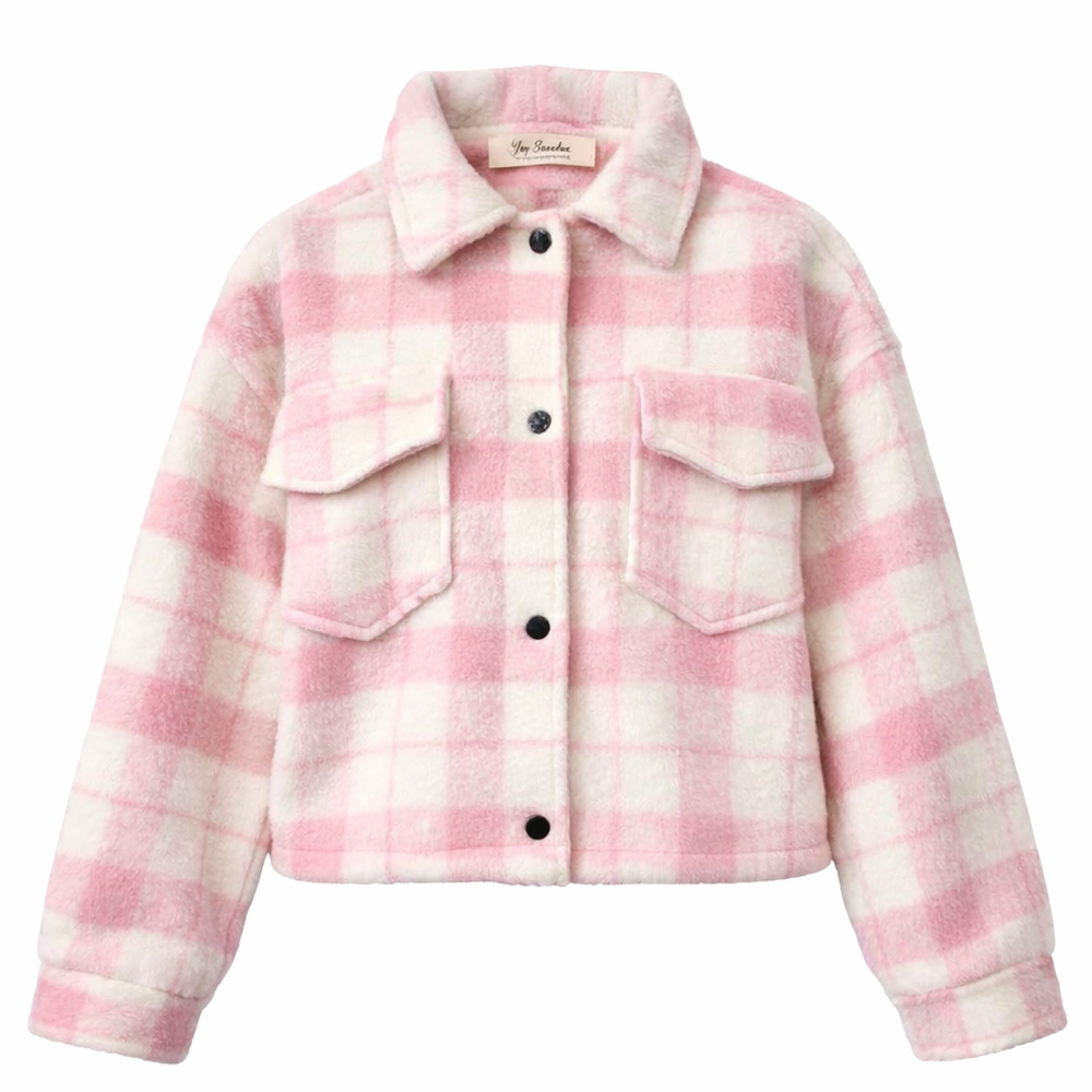 Lyn Burches Pink White Plaid Fuzzy Sherpa Shacket Cropped Boxy Jacket M